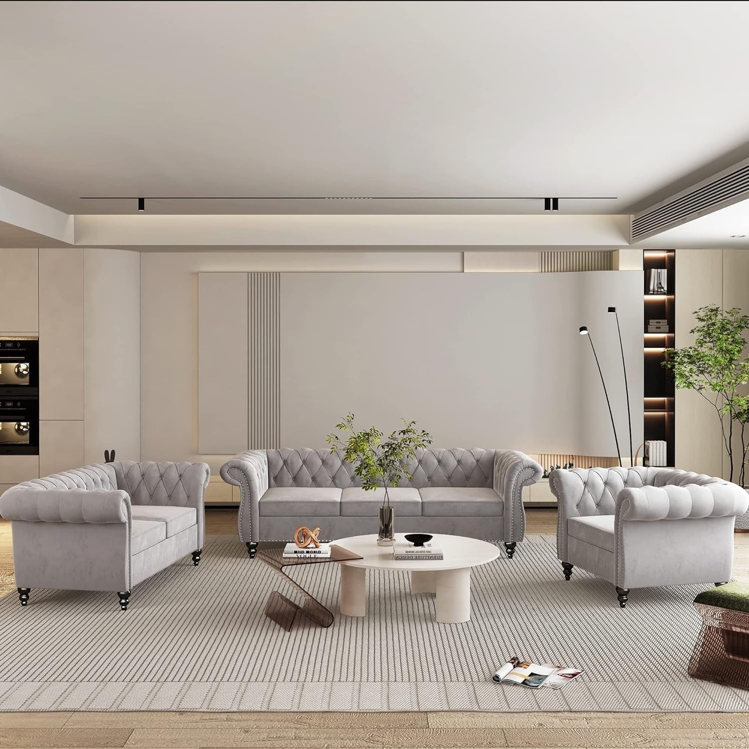 3 Piece Grey Sectional Sofa Set Velvet Chesterfield Style