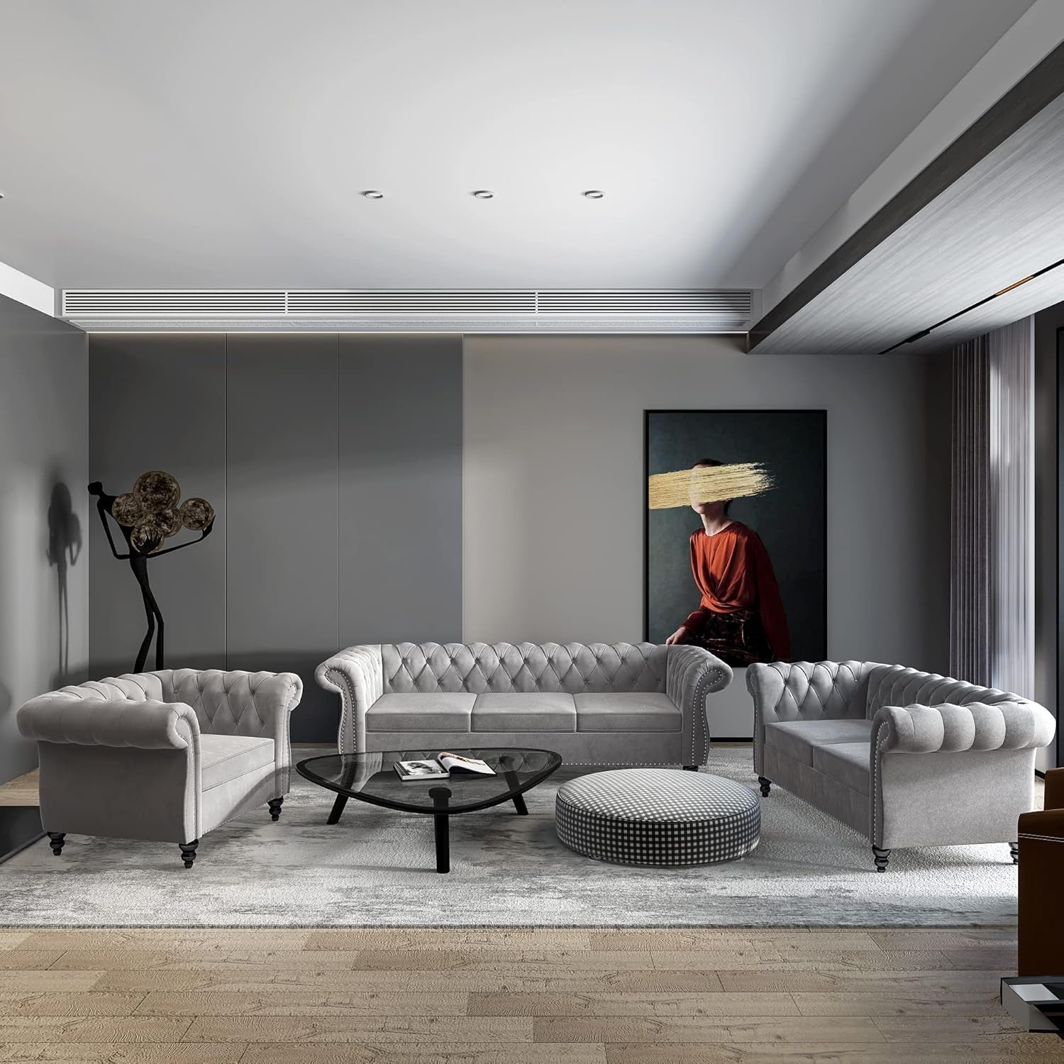 3 Piece Grey Sectional Sofa Set Velvet Chesterfield Style