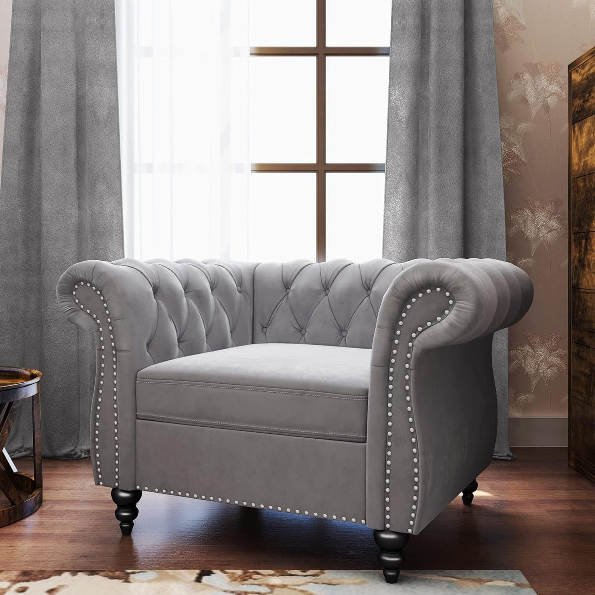 3 Piece Grey Sectional Sofa Set Velvet Chesterfield Style