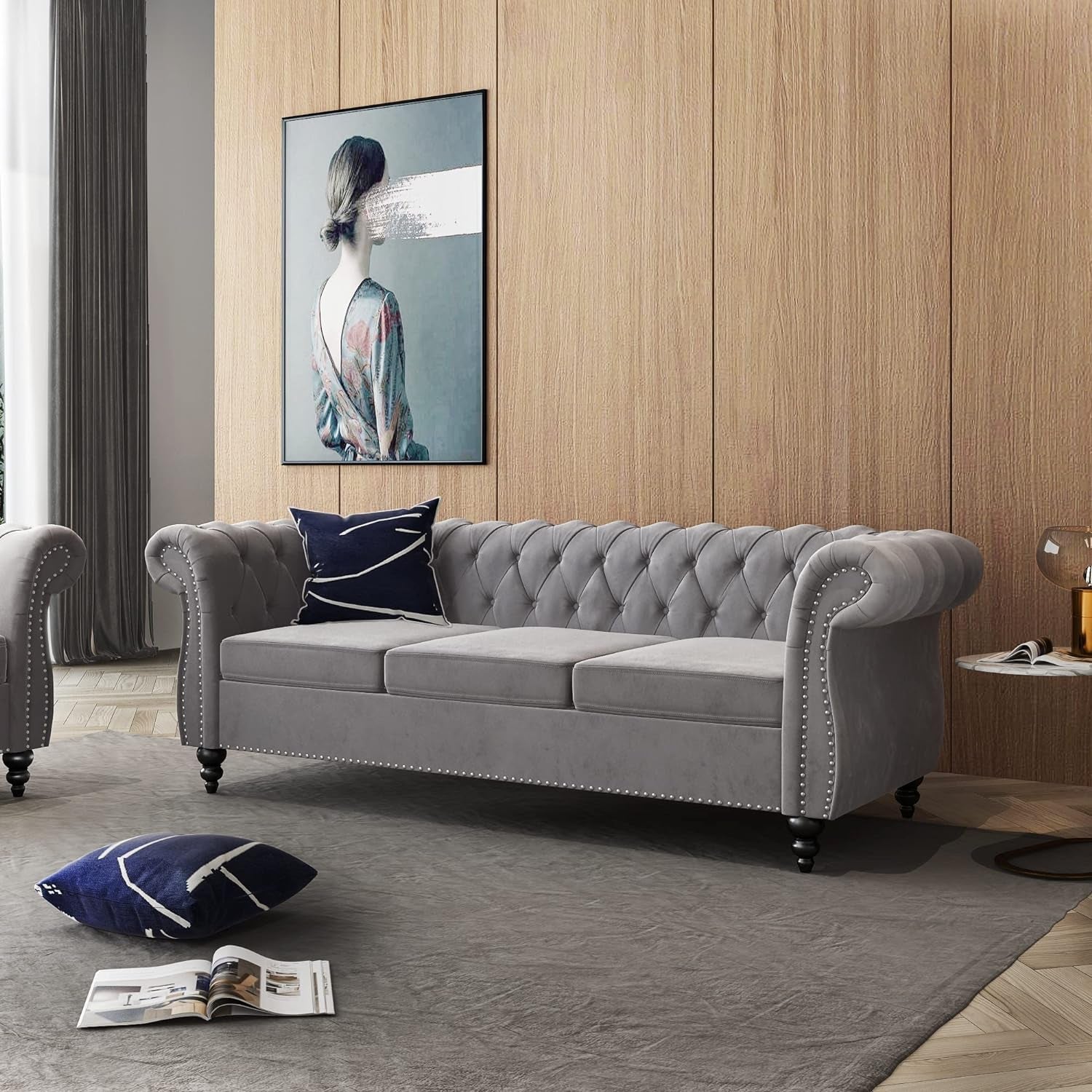 3 Piece Grey Sectional Sofa Set Velvet Chesterfield Style