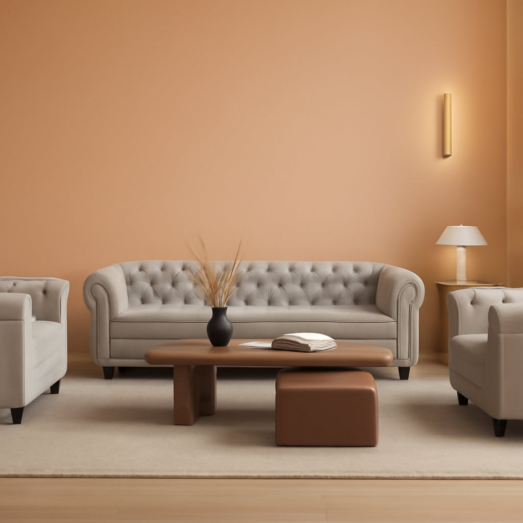 3 Piece Grey Sectional Sofa Set Velvet Chesterfield Style
