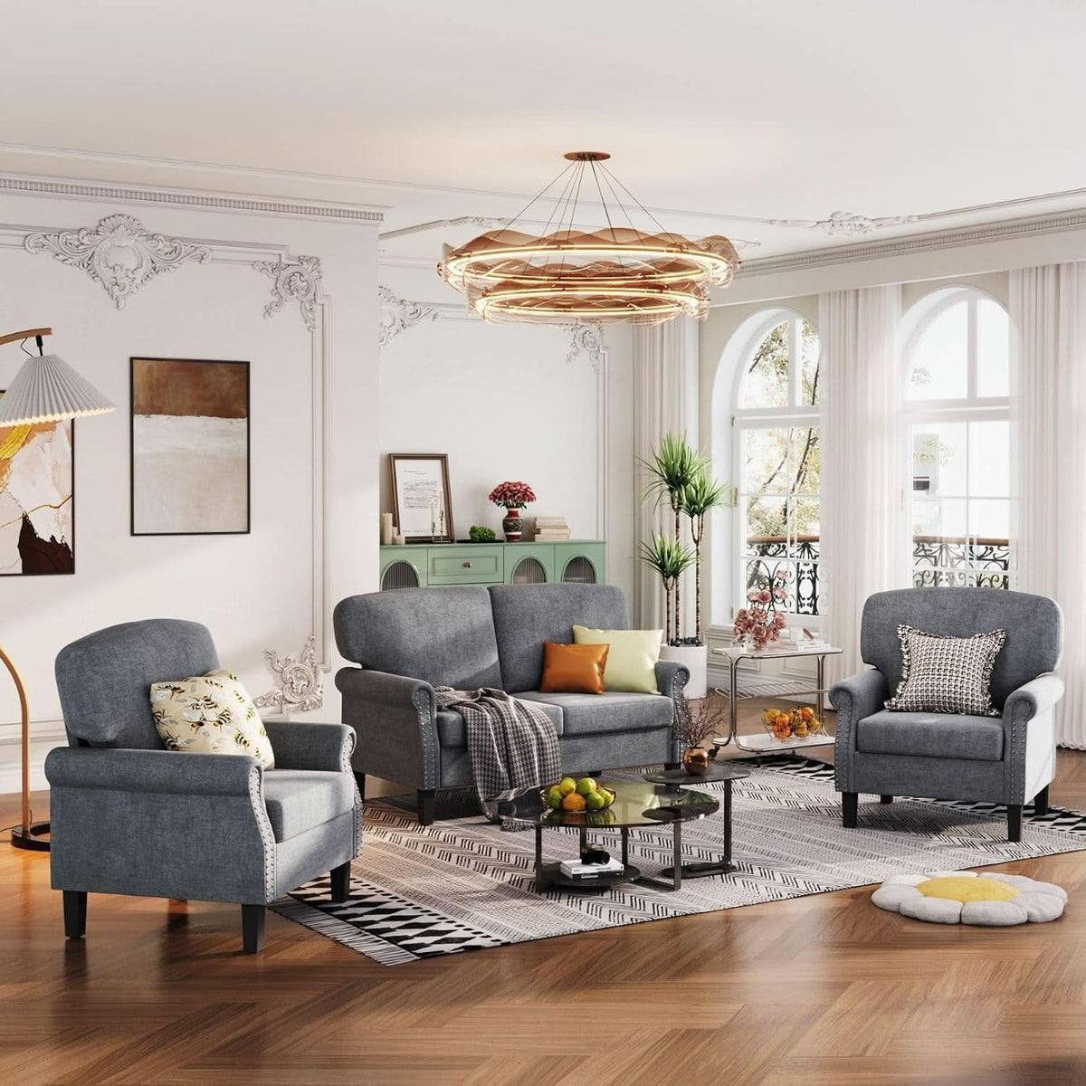 3 Piece Living Room Furniture Set Grey Linen Fabric Loveseat And Two Accent Chairs