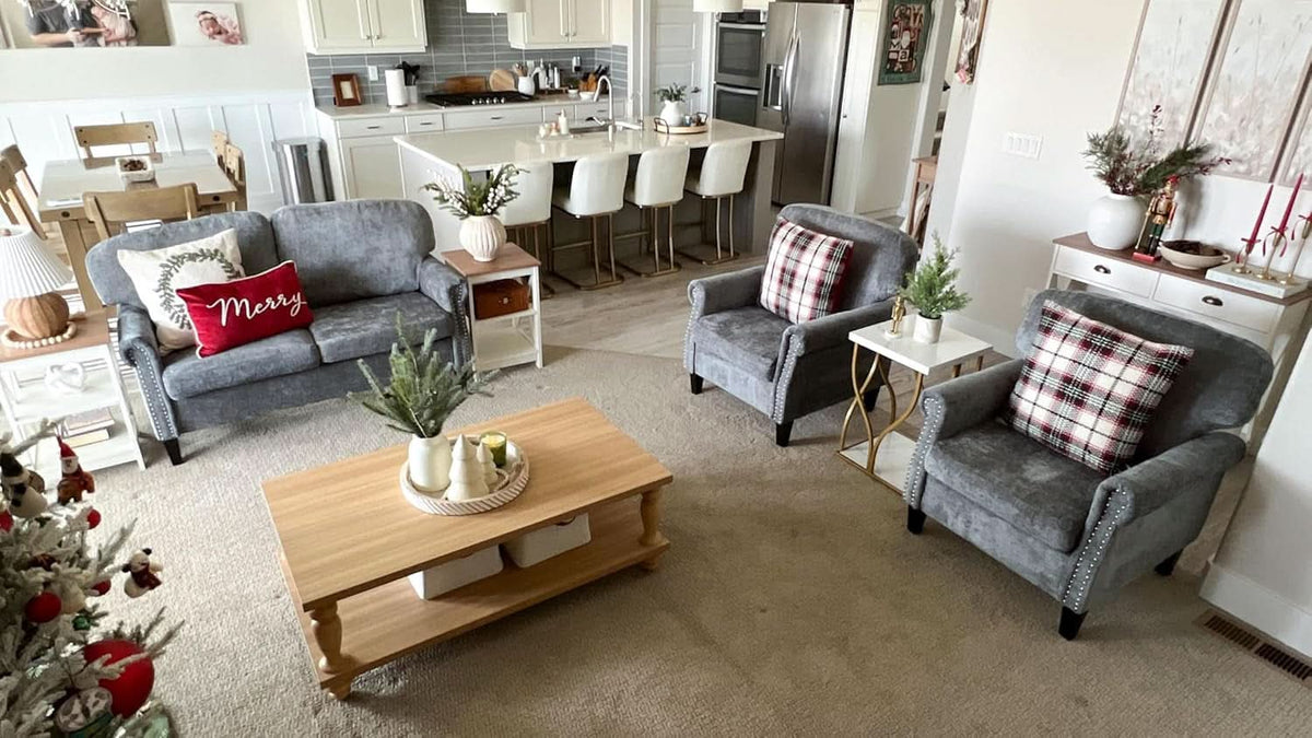3 Piece Living Room Furniture Set Grey Linen Fabric Loveseat And Two Accent Chairs