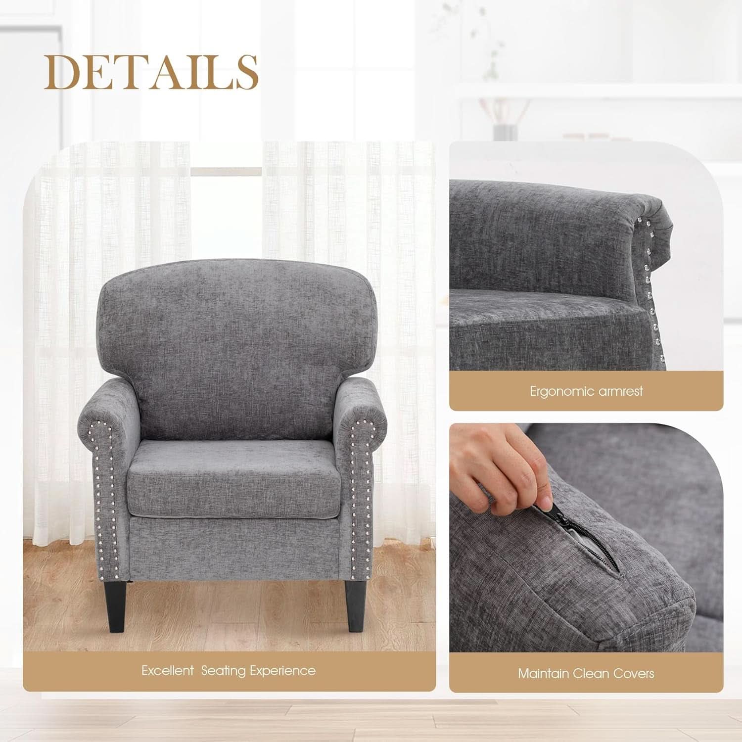 3 Piece Living Room Furniture Set Grey Linen Fabric Loveseat And Two Accent Chairs