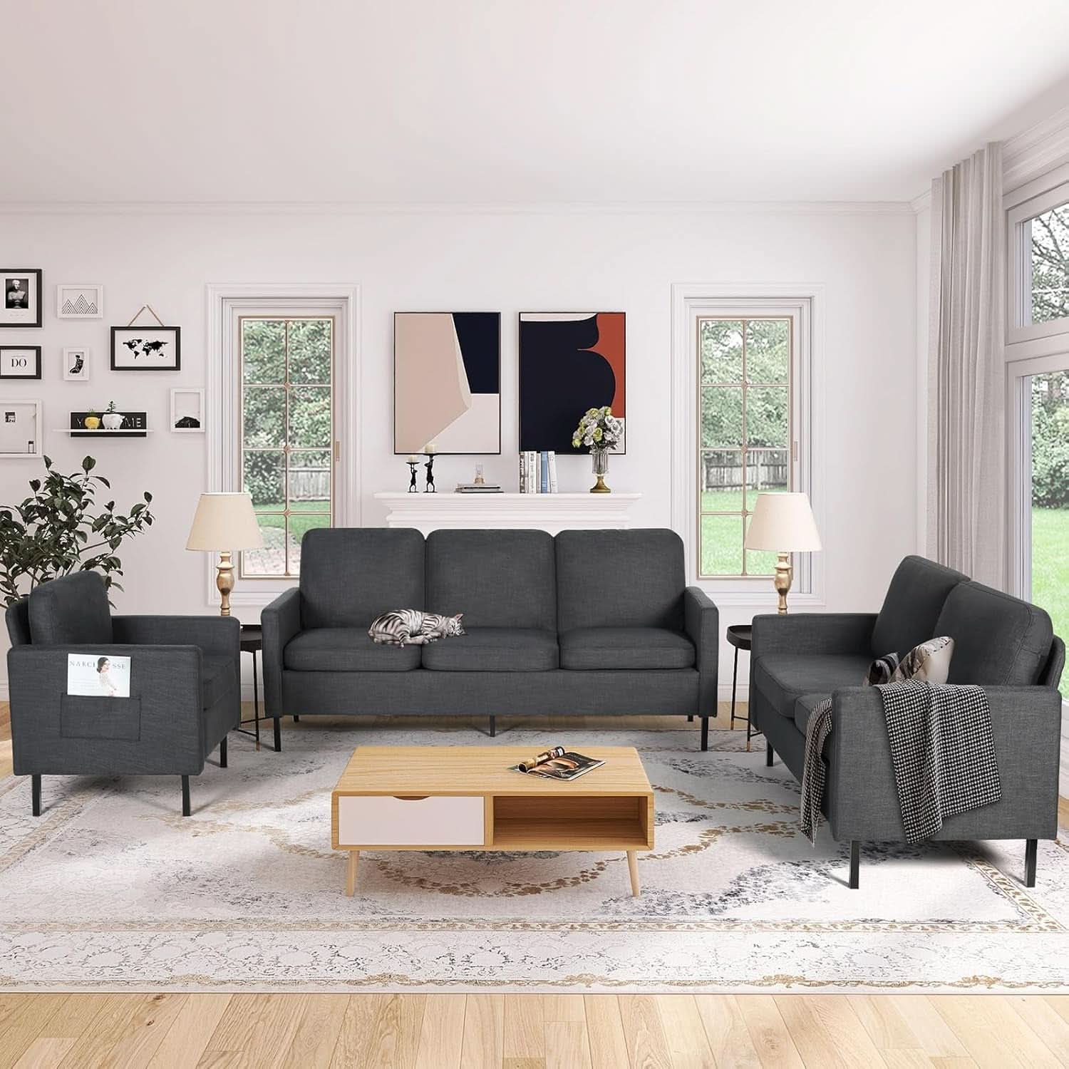 3 Piece Living Room Furniture Set With 3 Seat Couch Loveseat And USB Ports Dark Grey