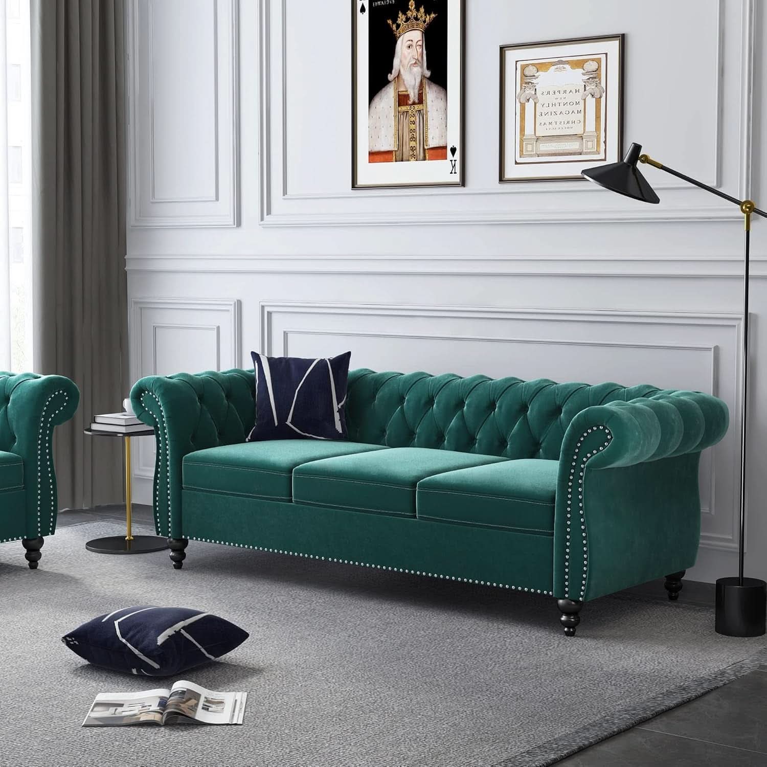 3 Piece Living Room Sectional Sofa Set Green Velvet Couch