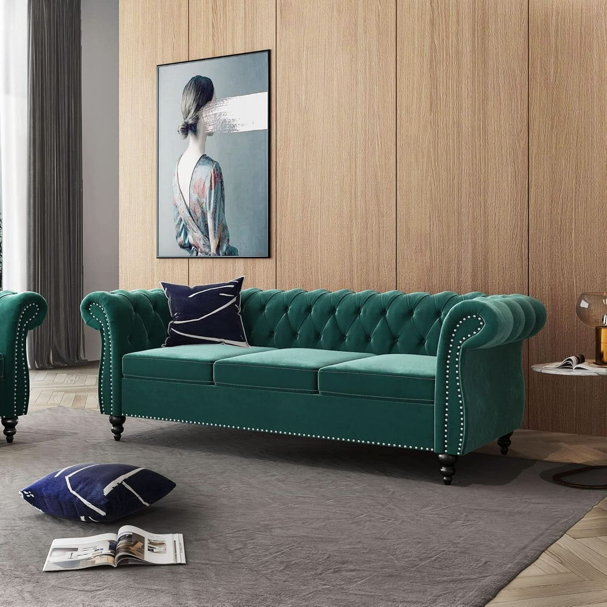 3 Piece Living Room Sectional Sofa Set Green Velvet Couch