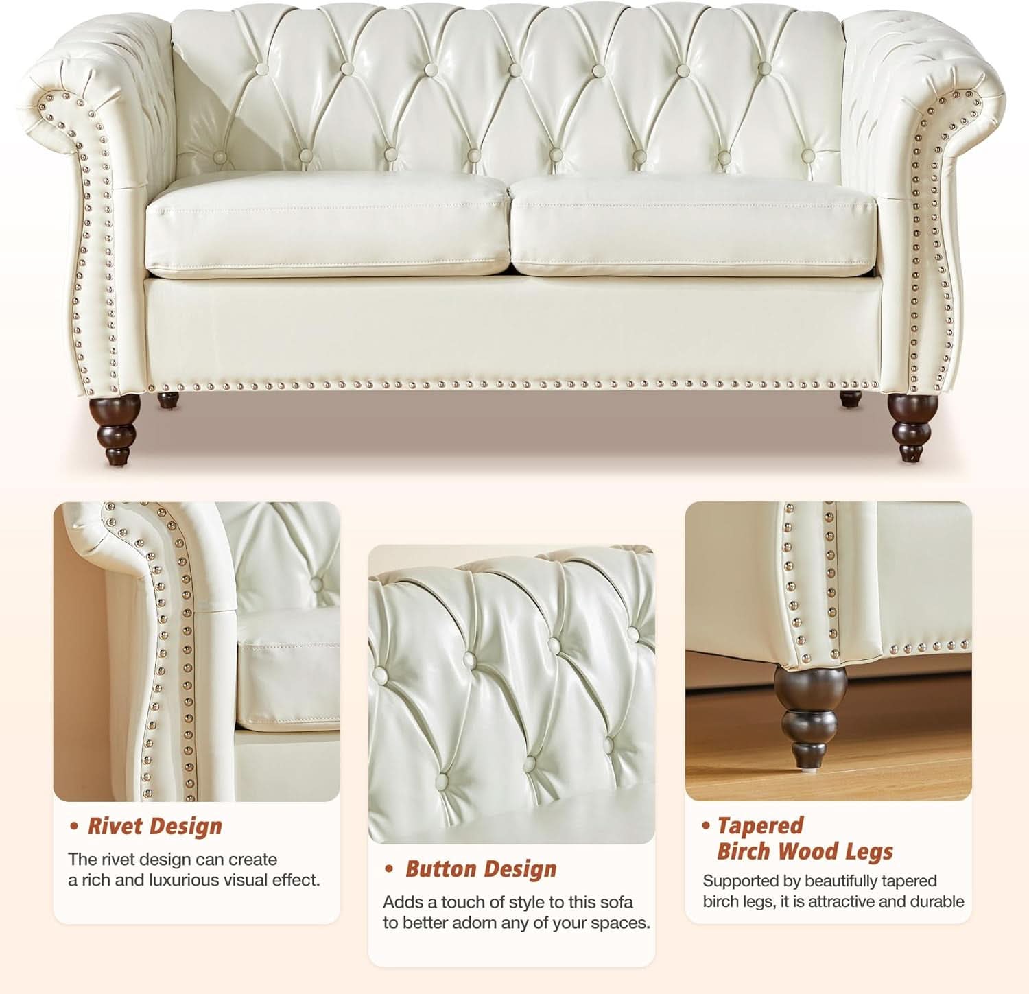3 Piece Living Room Set Chesterfield Faux Leather Sofa Loveseat Chair White With Scroll Arms And Nailhead