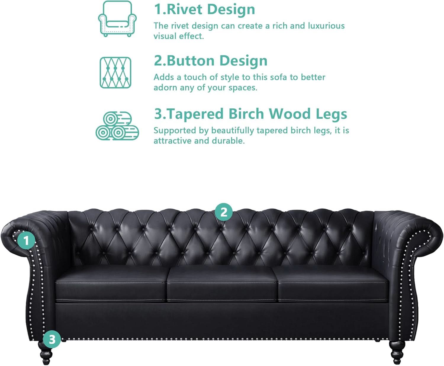 3 Piece Living Room Set Sectional Chesterfield Sofa Chair Artificial Leather Black