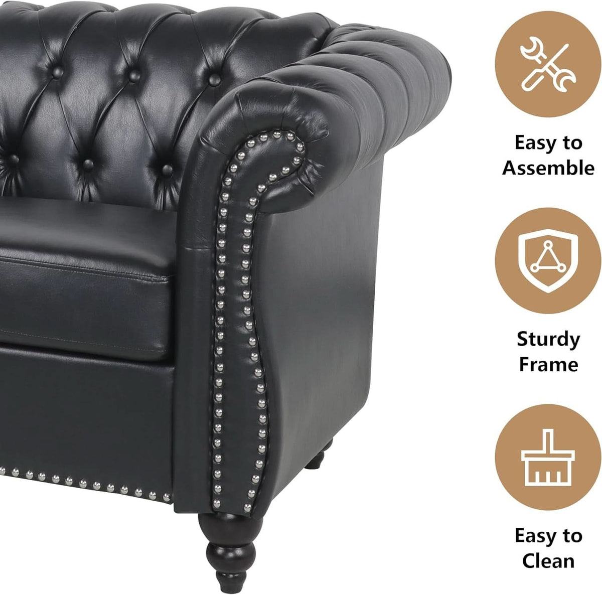 3 Piece Living Room Set Sectional Chesterfield Sofa Chair Artificial Leather Black