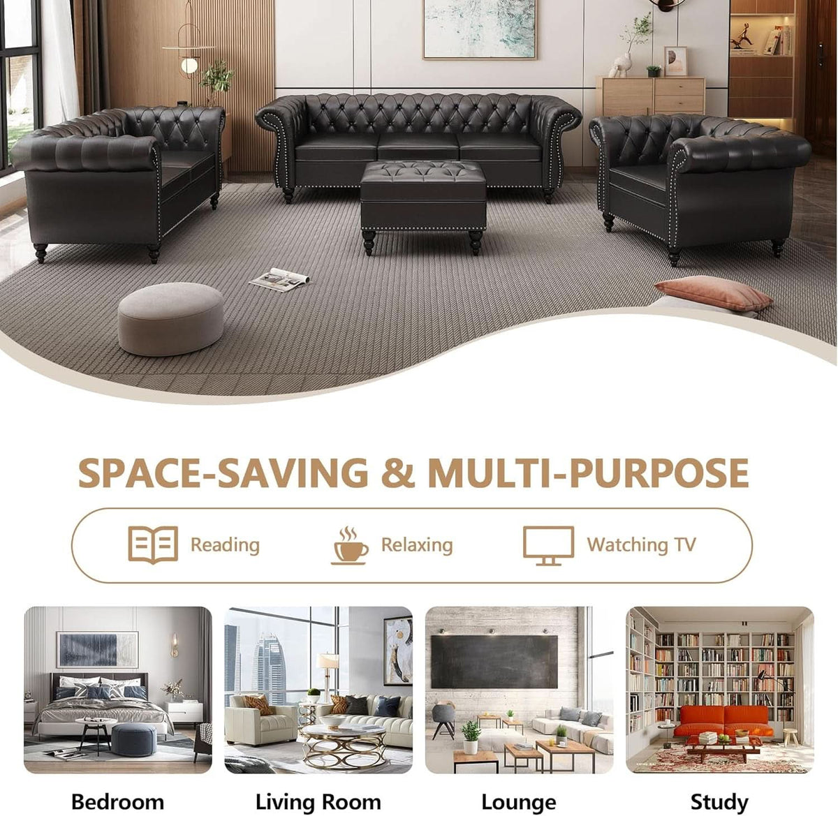 3 Piece Living Room Set Sectional Chesterfield Sofa Chair Artificial Leather Black