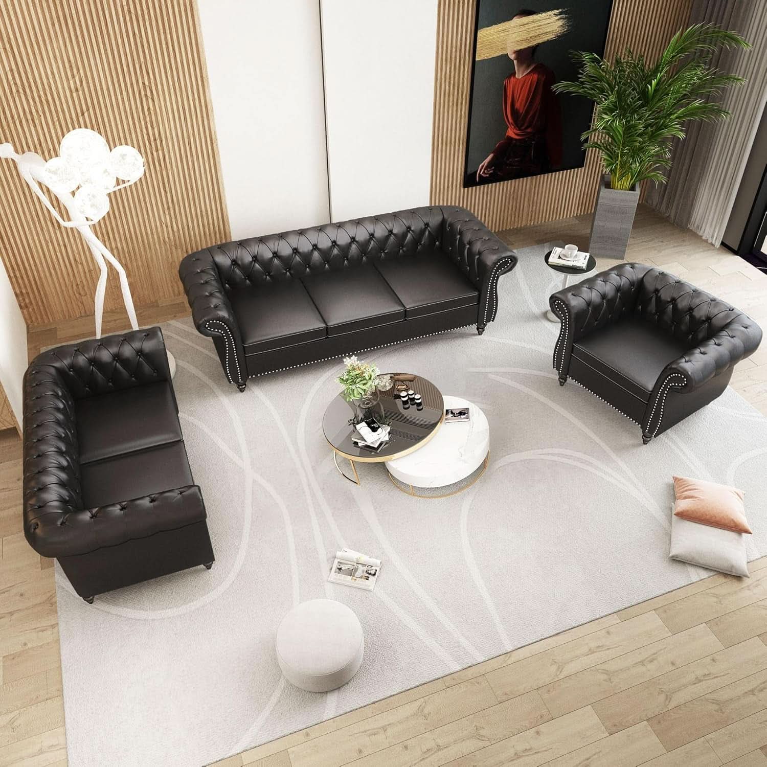 3 Piece Living Room Set Sectional Chesterfield Sofa Chair Artificial Leather Black