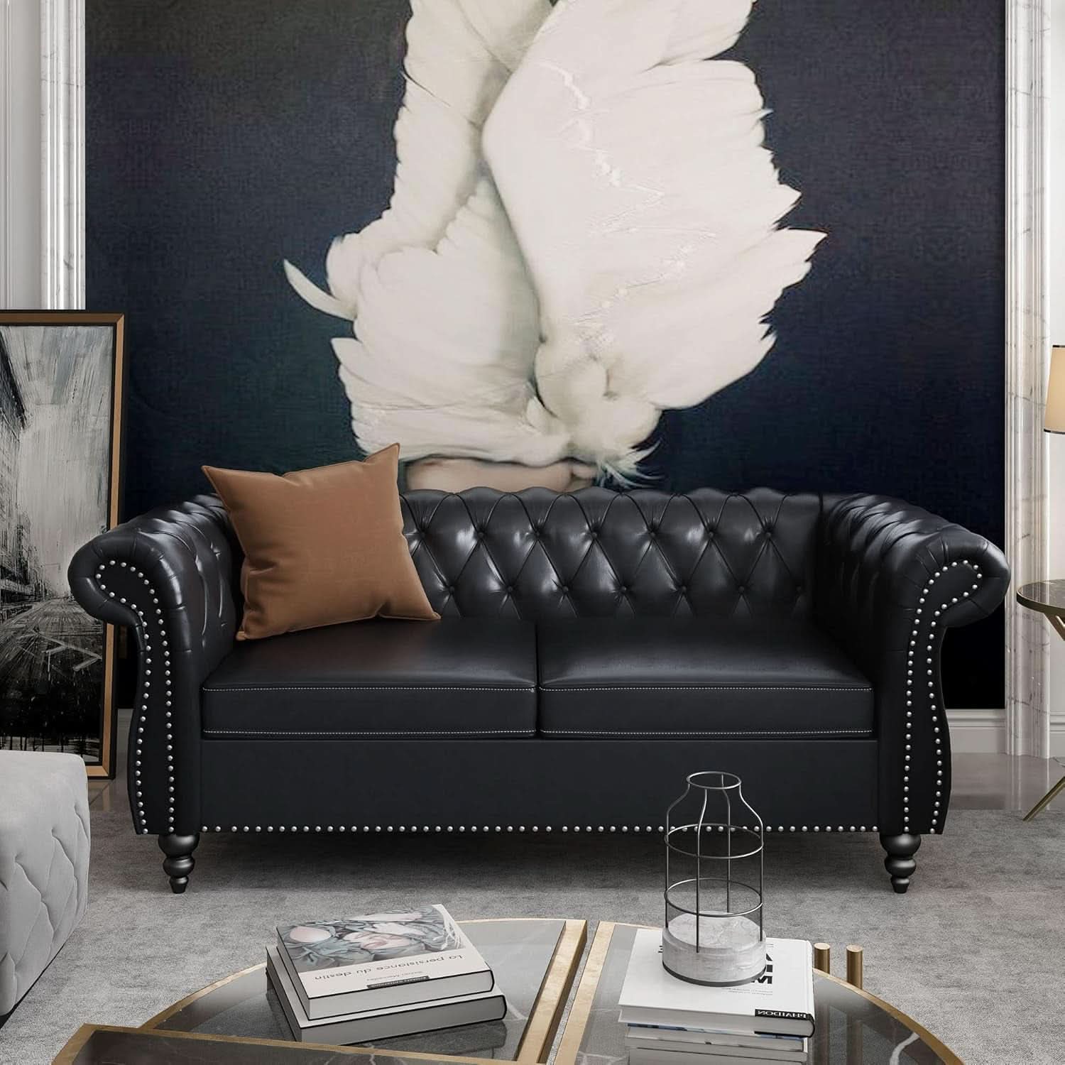 3 Piece Living Room Set Sectional Chesterfield Sofa Chair Artificial Leather Black
