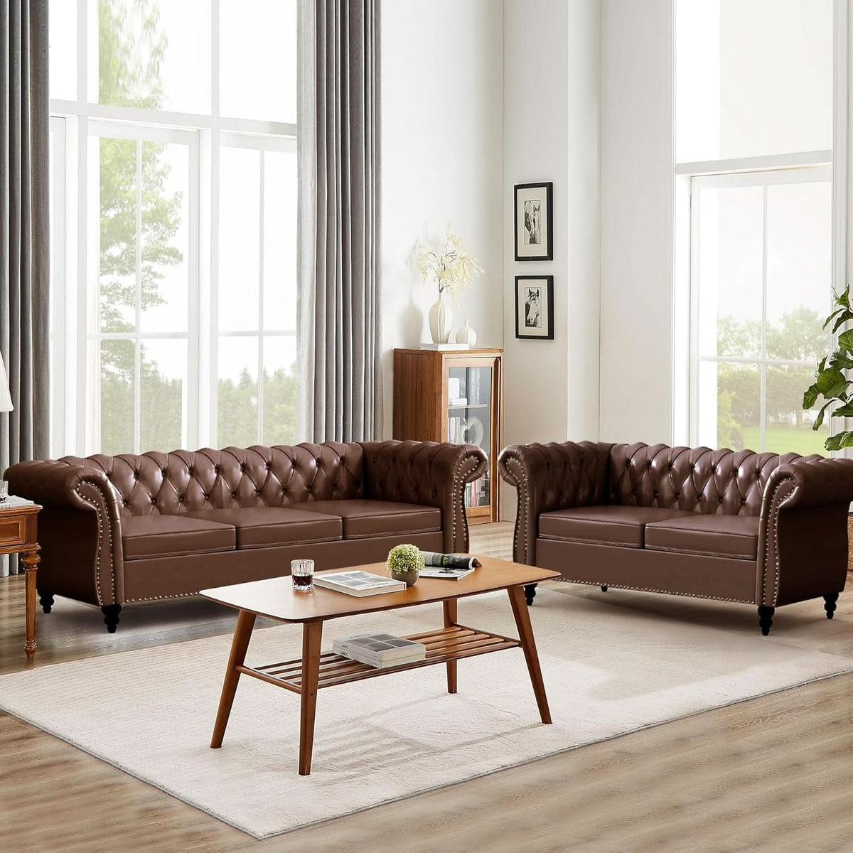 3 Piece Living Room Set With Sectional Chesterfield Sofa Chair And Leather Upholstered Loveseat