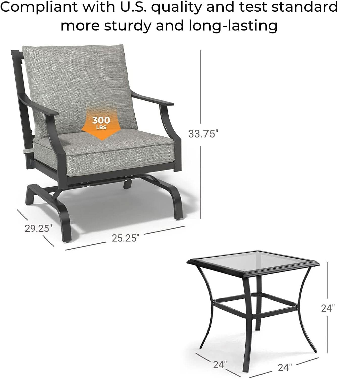 3 Piece Motion Chairs Set Gray Cushions Coffee Table