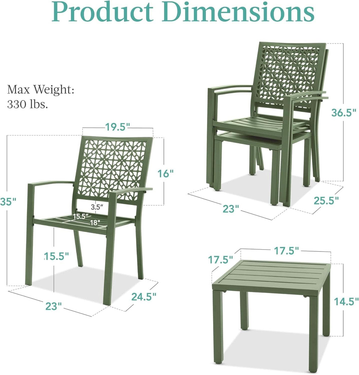 3 Piece Outdoor Bistro Set Sage Green Stackable Steel