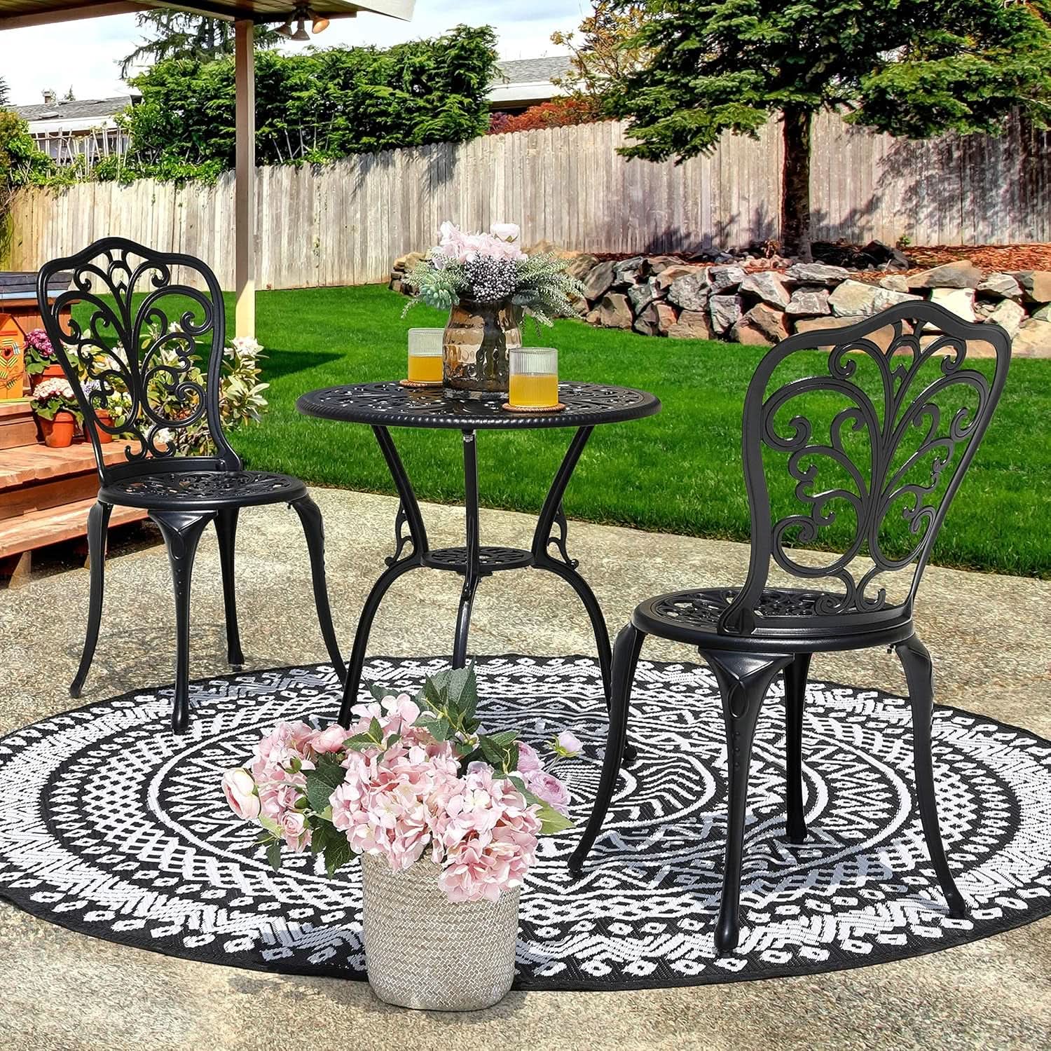 3 Piece Outdoor Bistro Table Set Cast Aluminum Black With Butterfly Design And Umbrella Hole