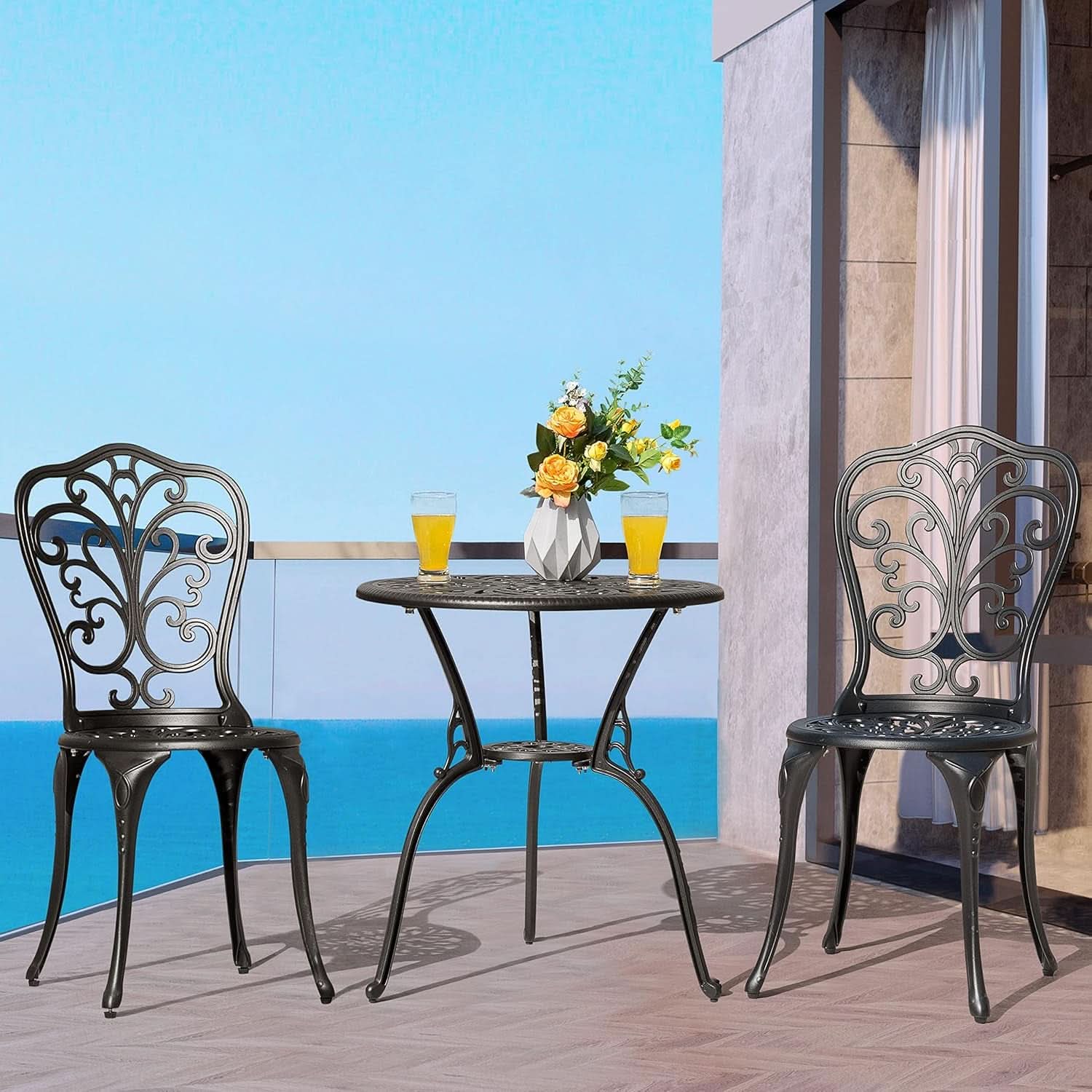 3 Piece Outdoor Bistro Table Set Cast Aluminum Black With Butterfly Design And Umbrella Hole
