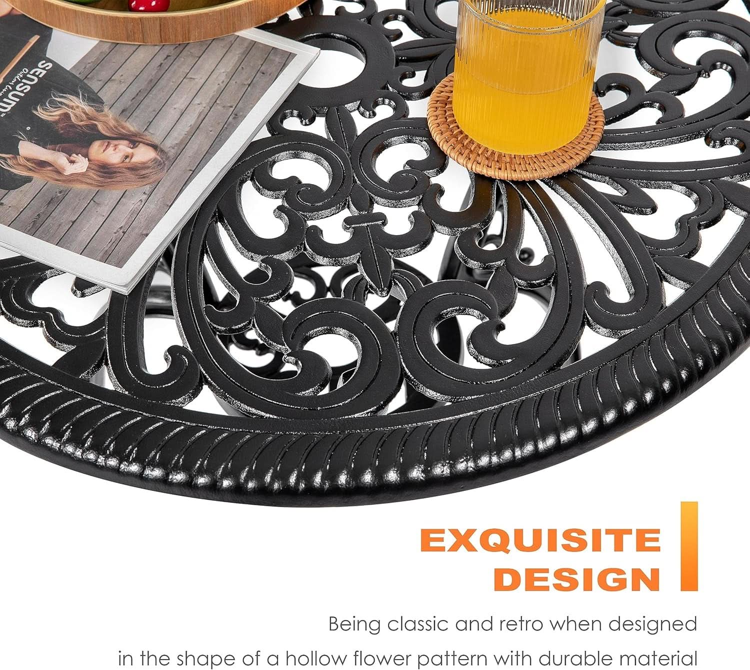 3 Piece Outdoor Bistro Table Set Cast Aluminum Black With Butterfly Design And Umbrella Hole