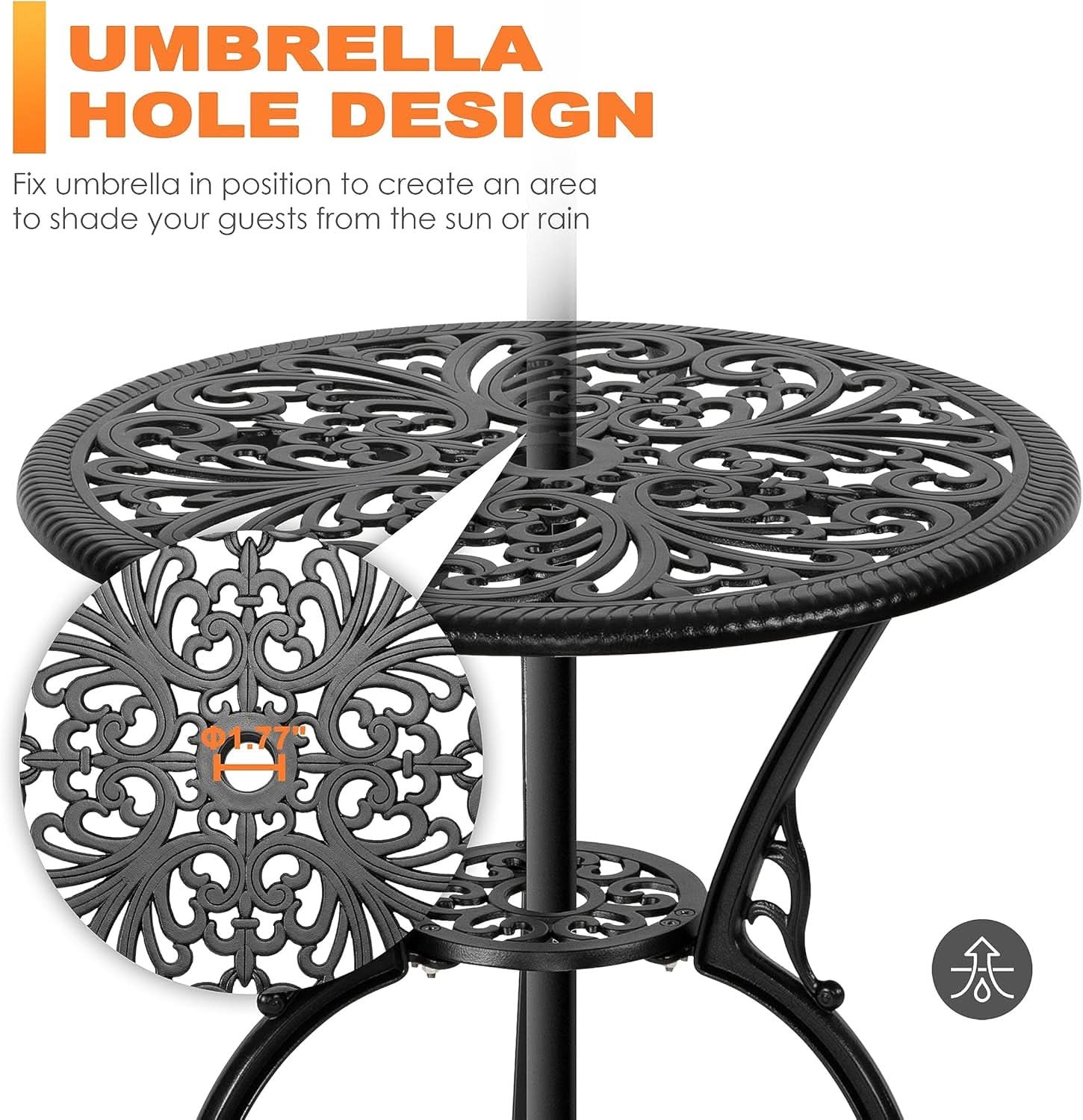 3 Piece Outdoor Bistro Table Set Cast Aluminum Black With Butterfly Design And Umbrella Hole