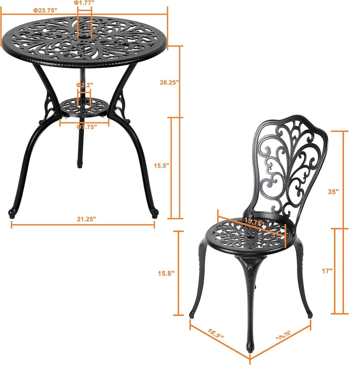 3 Piece Outdoor Bistro Table Set Cast Aluminum Black With Butterfly Design And Umbrella Hole