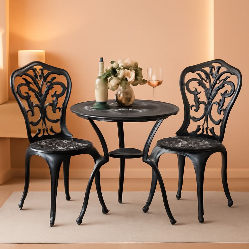 3 Piece Outdoor Bistro Table Set Cast Aluminum Black With Butterfly Design And Umbrella Hole