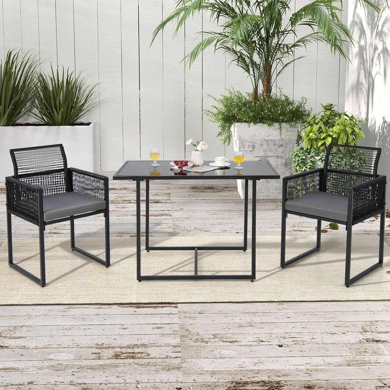 3 Piece Outdoor Dining Set With Folding Backrests And Tempered Glass Tabletop For Patio And Poolside