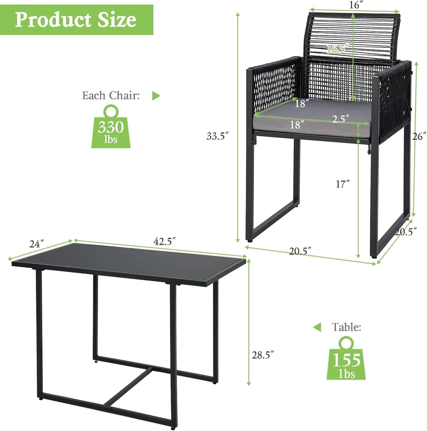 3 Piece Outdoor Dining Set With Folding Backrests And Tempered Glass Tabletop For Patio And Poolside