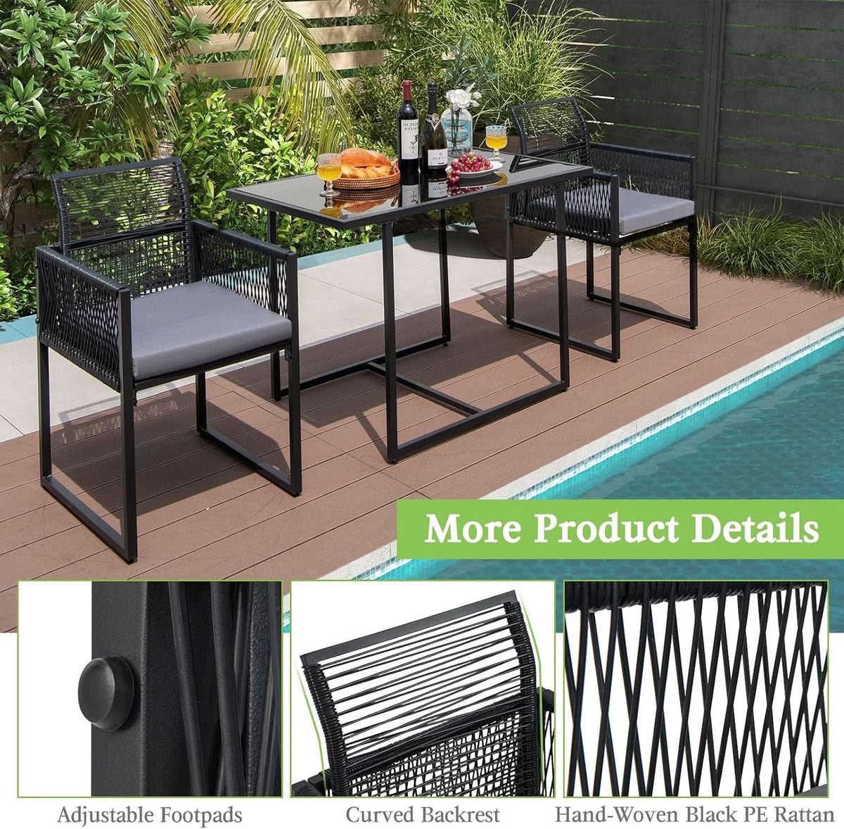 3 Piece Outdoor Dining Set With Folding Backrests And Tempered Glass Tabletop For Patio And Poolside