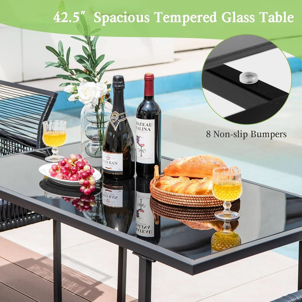 3 Piece Outdoor Dining Set With Folding Backrests And Tempered Glass Tabletop For Patio And Poolside