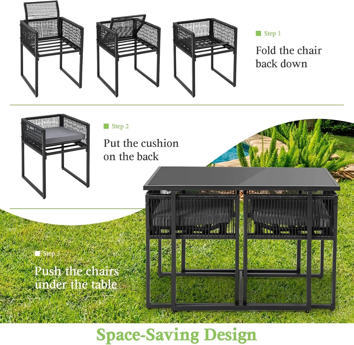 3 Piece Outdoor Dining Set With Folding Backrests And Tempered Glass Tabletop For Patio And Poolside