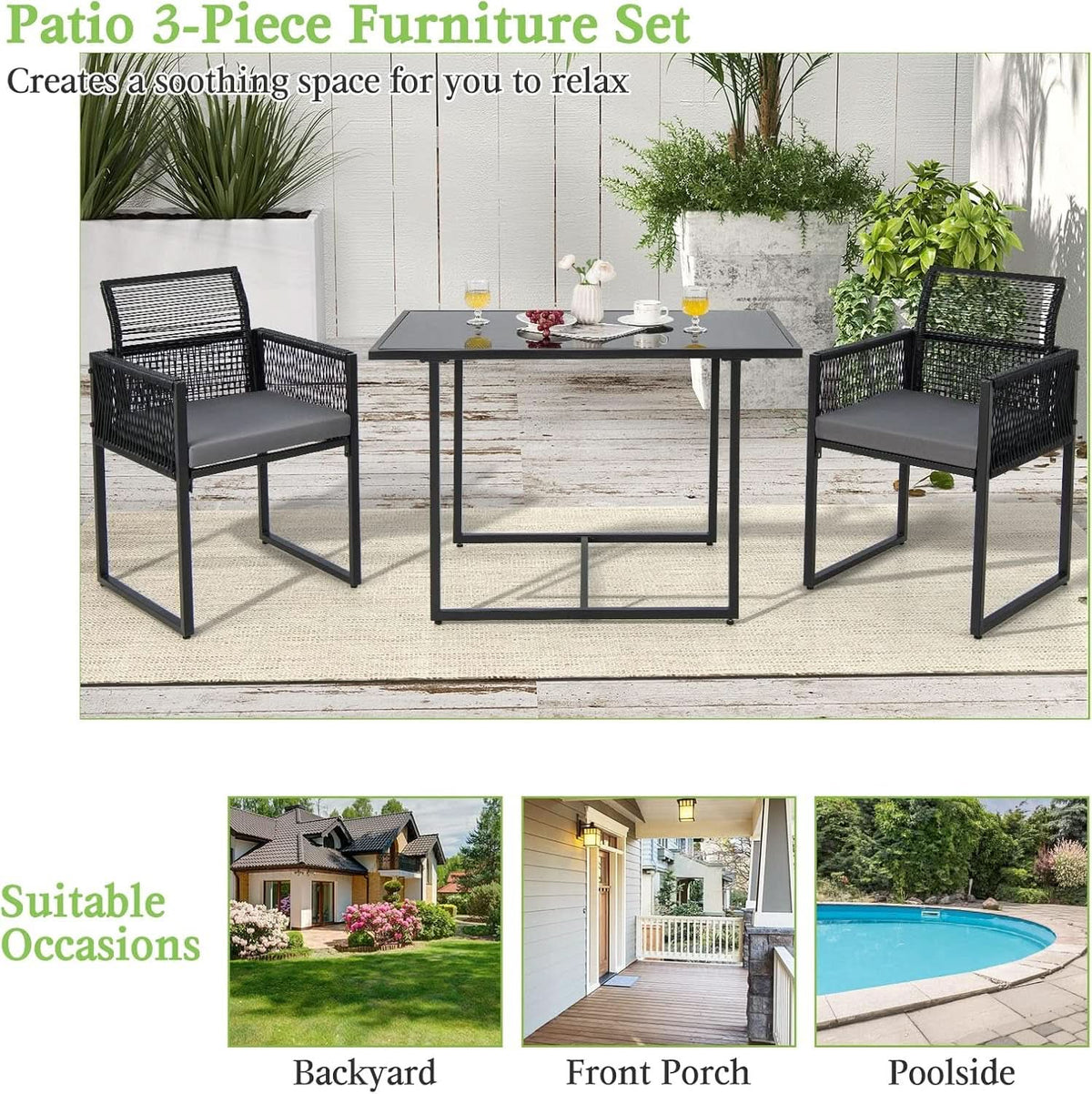 3 Piece Outdoor Dining Set With Folding Backrests And Tempered Glass Tabletop For Patio And Poolside