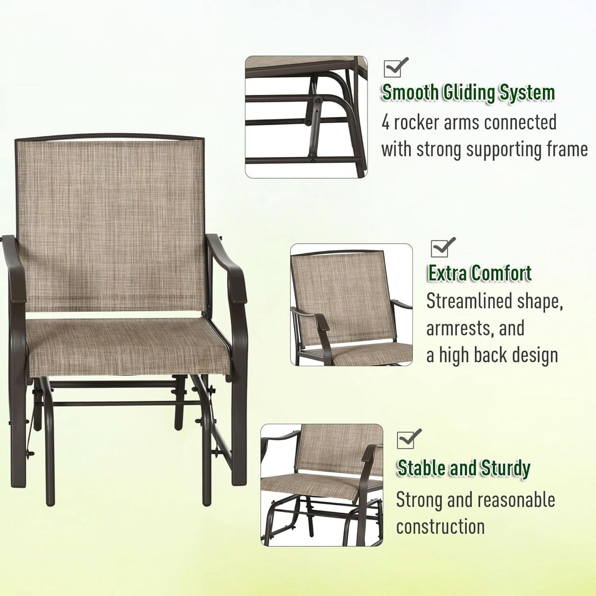 3 Piece Outdoor Glider Chair Bistro Set With Two Sling Chairs And Glass Tabletop Mixed Brown