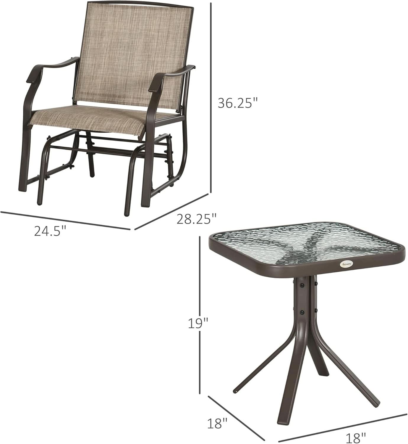 3 Piece Outdoor Glider Chair Bistro Set With Two Sling Chairs And Glass Tabletop Mixed Brown