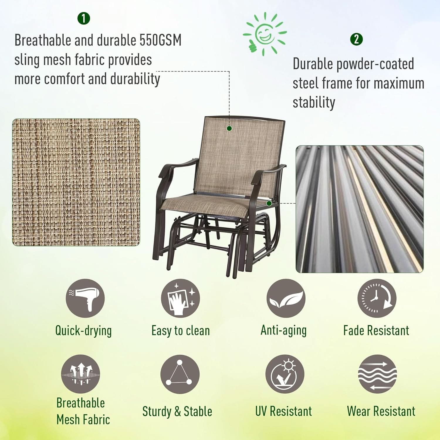 3 Piece Outdoor Glider Chair Bistro Set With Two Sling Chairs And Glass Tabletop Mixed Brown