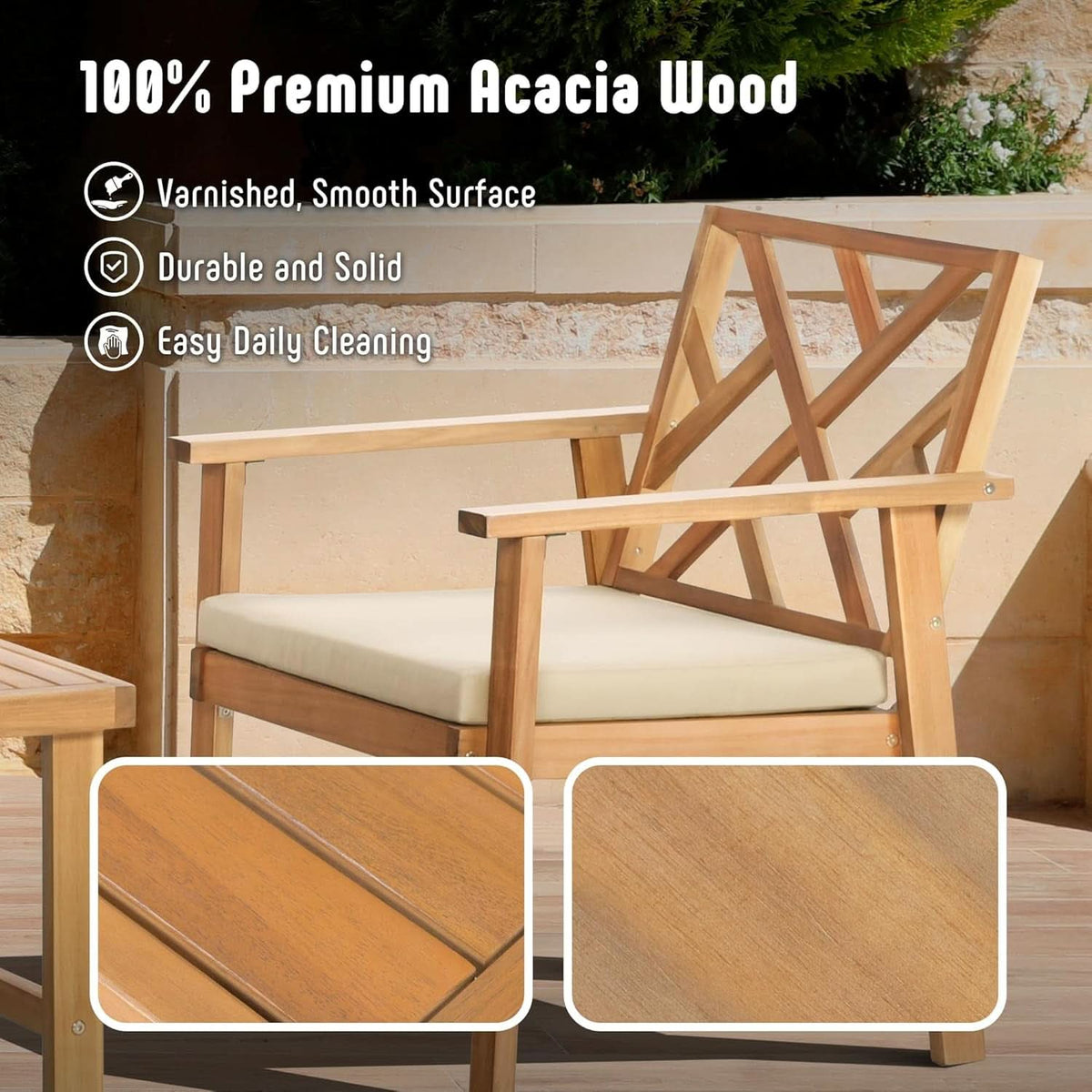 3 Piece Outdoor Patio Furniture Set Acacia Wood Cushioned Chairs And Coffee Table