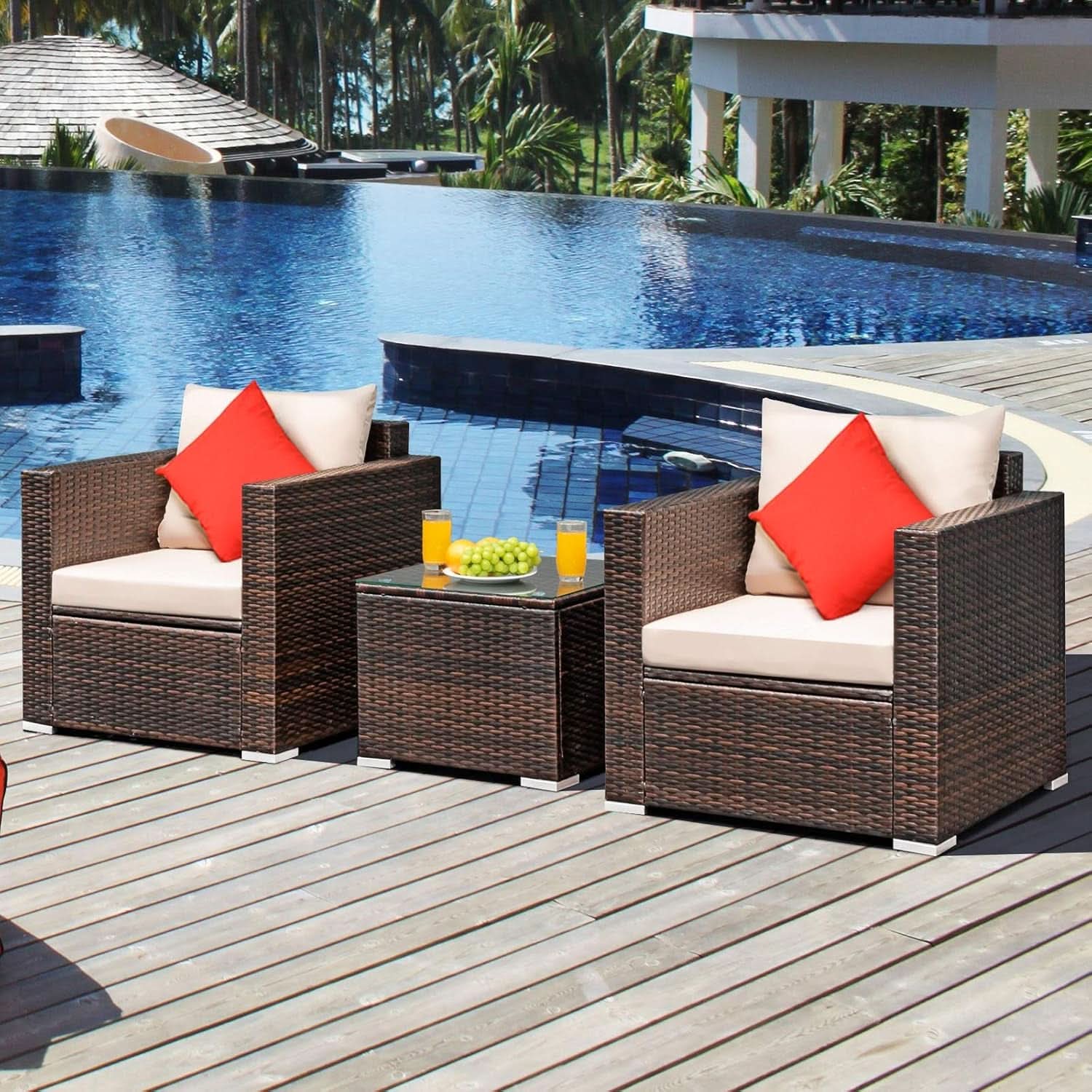3 Piece Outdoor Patio Furniture Set Rattan Wicker With Washable Cushions And Tempered Glass Tabletop
