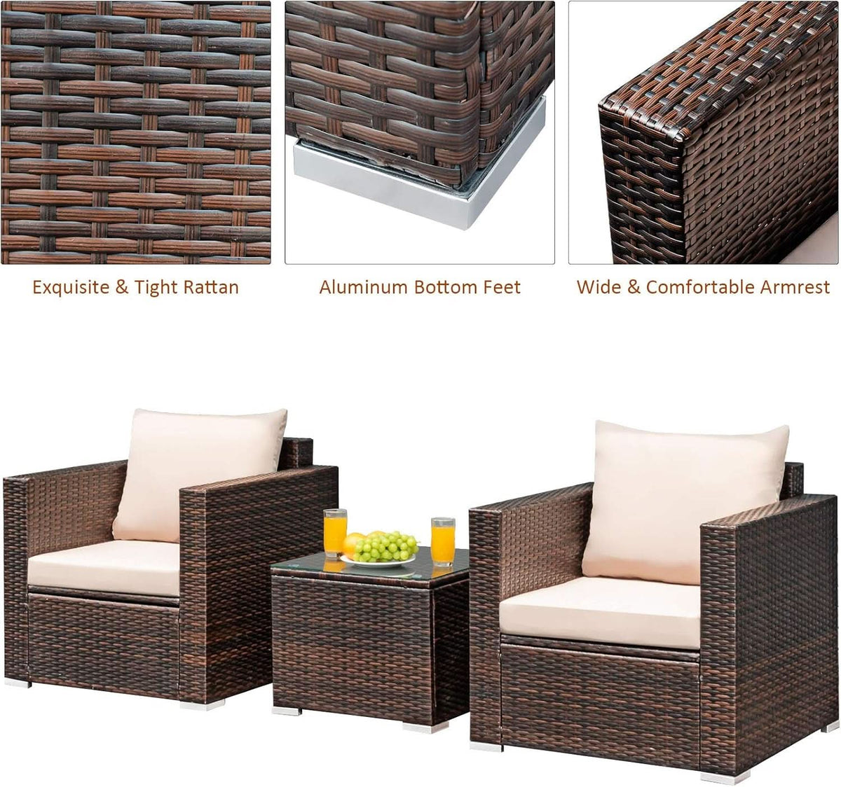 3 Piece Outdoor Patio Furniture Set Rattan Wicker With Washable Cushions And Tempered Glass Tabletop