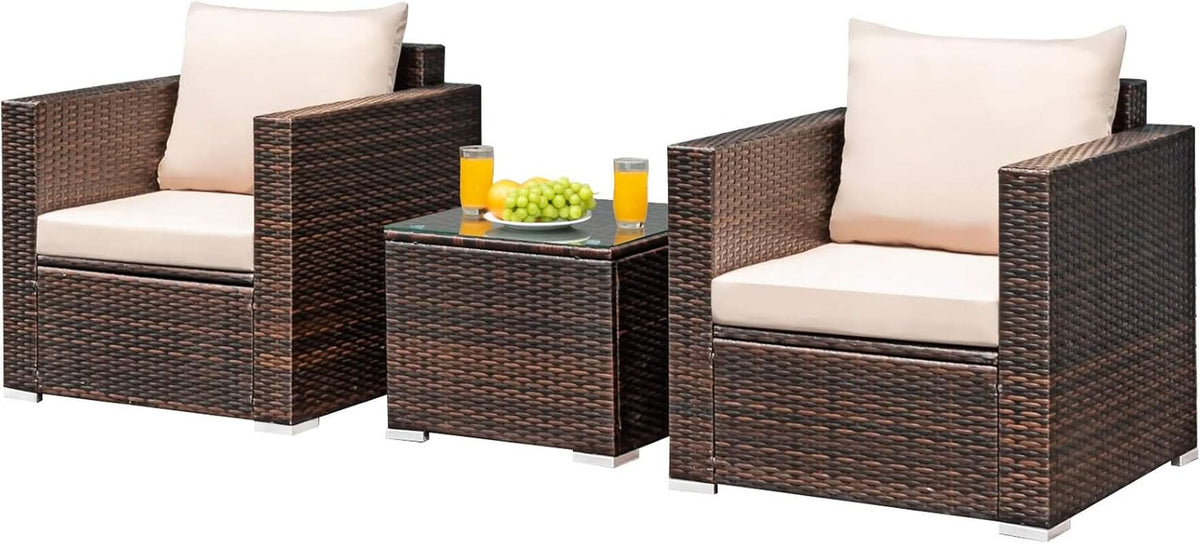3 Piece Outdoor Patio Furniture Set Rattan Wicker With Washable Cushions And Tempered Glass Tabletop