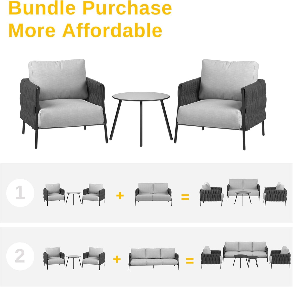 3 Piece Outdoor Patio Furniture Set With Deep Seating Armchairs And Coffee Table In Earth Black And Misty Grey Cushions