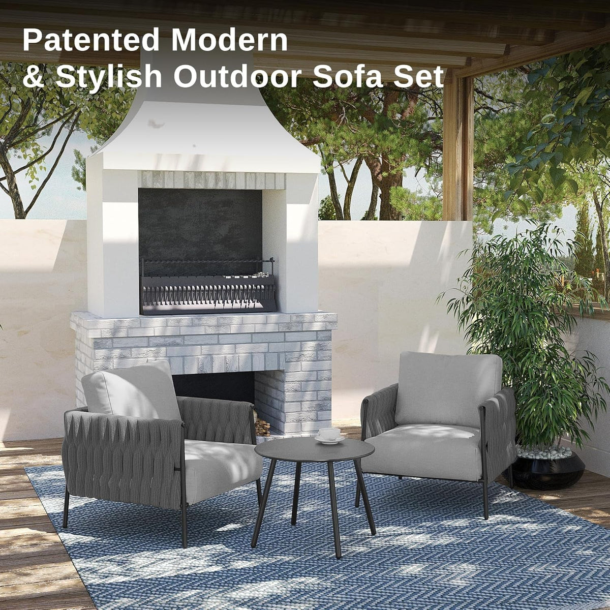 3 Piece Outdoor Patio Furniture Set With Deep Seating Armchairs And Coffee Table In Earth Black And Misty Grey Cushions