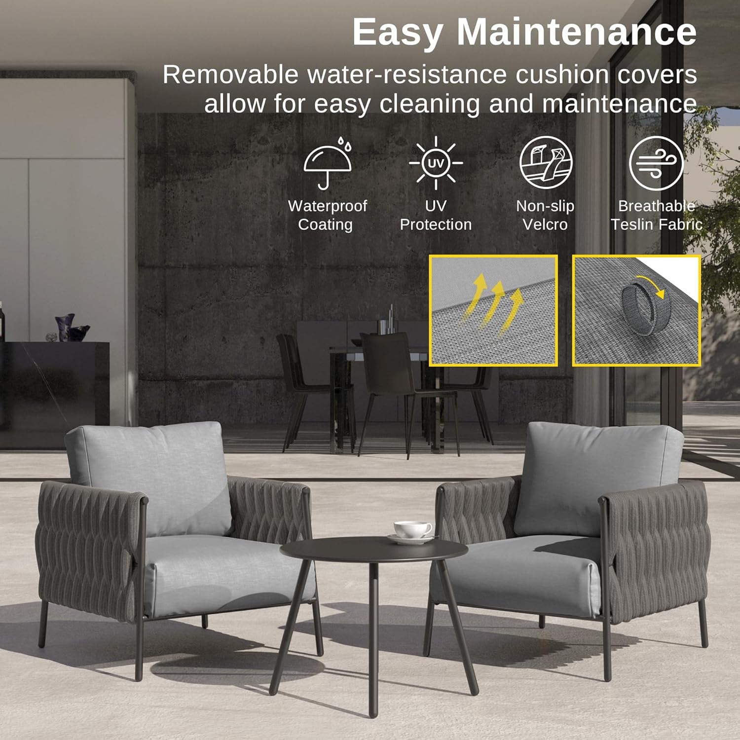 3 Piece Outdoor Patio Furniture Set With Deep Seating Armchairs And Coffee Table In Earth Black And Misty Grey Cushions