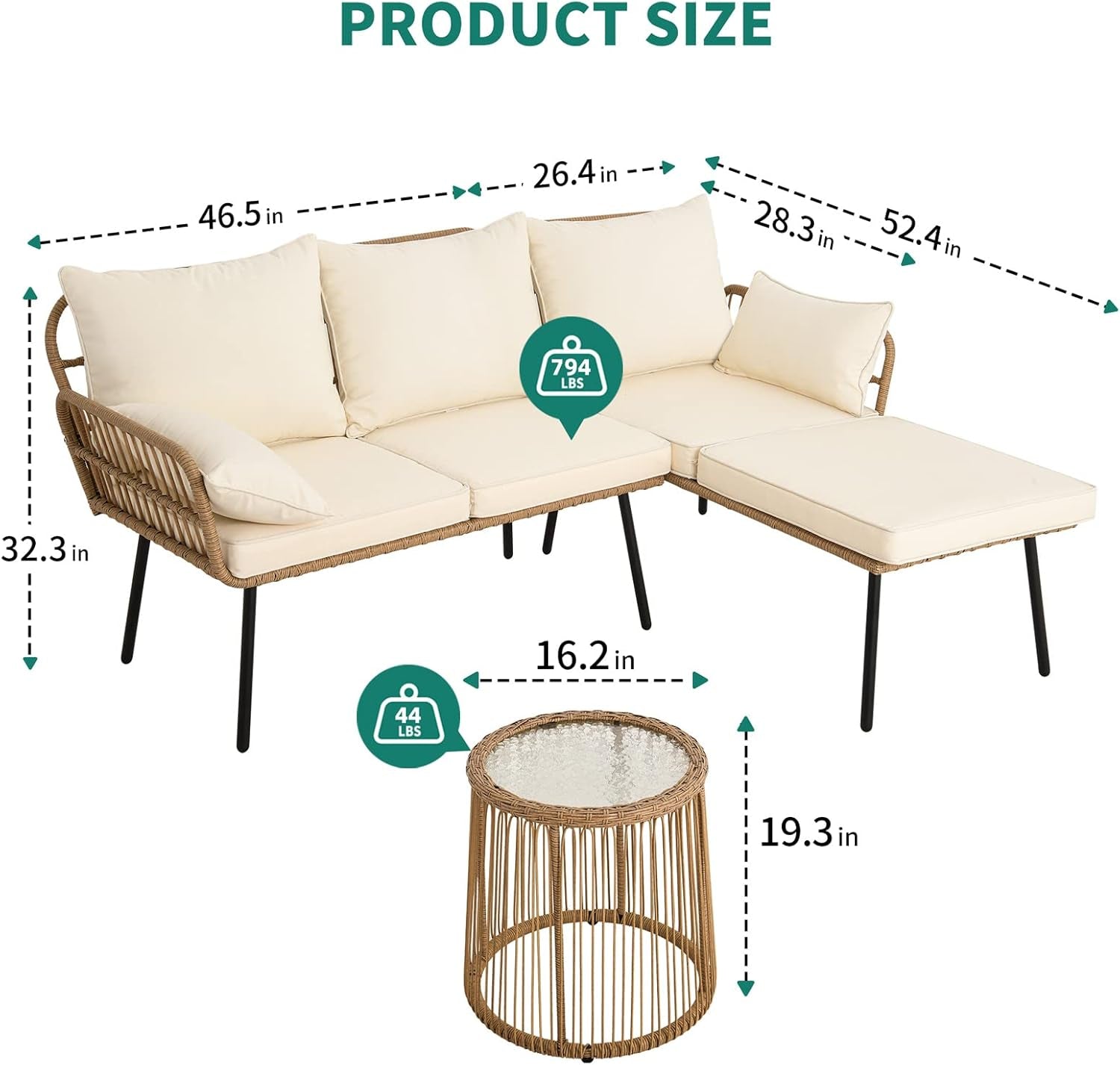 3 Piece Outdoor Patio Furniture Set With L Shaped Sectional Sofa Cushions And Coffee Table Beige