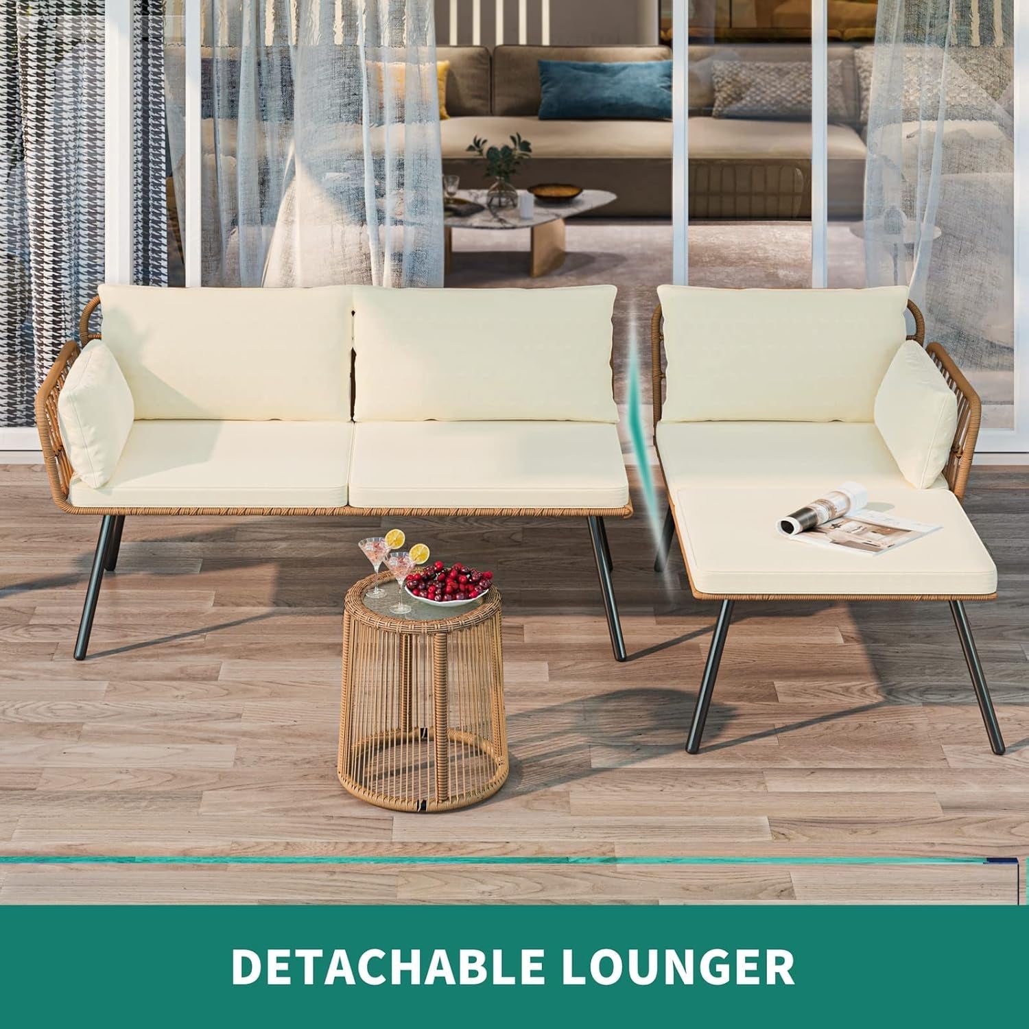 3 Piece Outdoor Patio Furniture Set With L Shaped Sectional Sofa Cushions And Coffee Table Beige