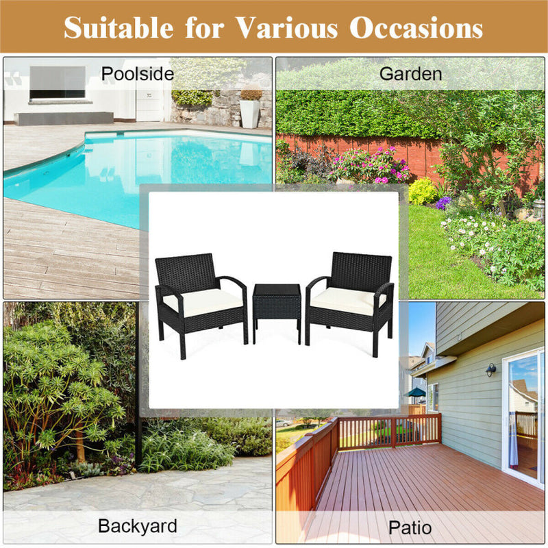 3 Piece Outdoor Rattan Patio Conversation Set With Cushions And Sturdy Coffee Table