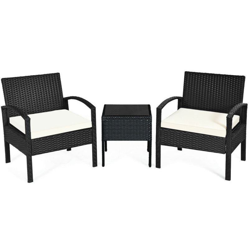 3 Piece Outdoor Rattan Patio Conversation Set With Cushions And Sturdy Coffee Table