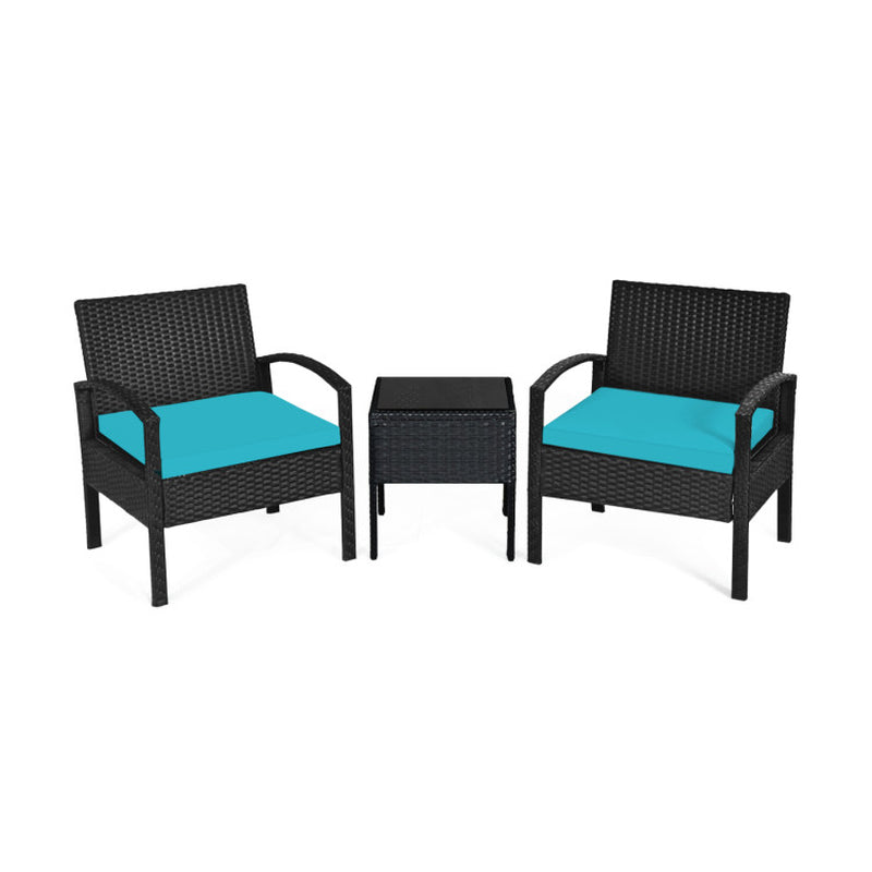 3 Piece Outdoor Rattan Patio Conversation Set With Cushions And Sturdy Coffee Table