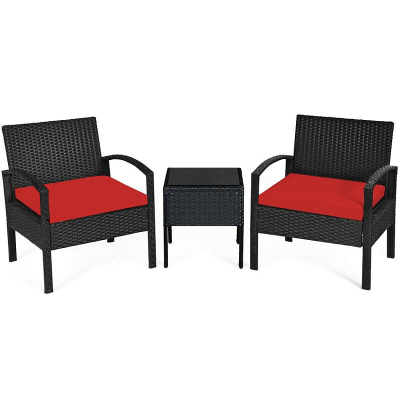 3 Piece Outdoor Rattan Patio Conversation Set With Cushions And Sturdy Coffee Table