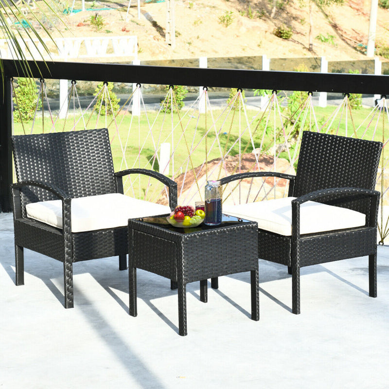 3 Piece Outdoor Rattan Patio Conversation Set With Cushions And Sturdy Coffee Table