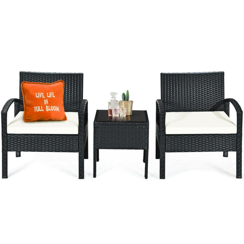 3 Piece Outdoor Rattan Patio Conversation Set With Cushions And Sturdy Coffee Table